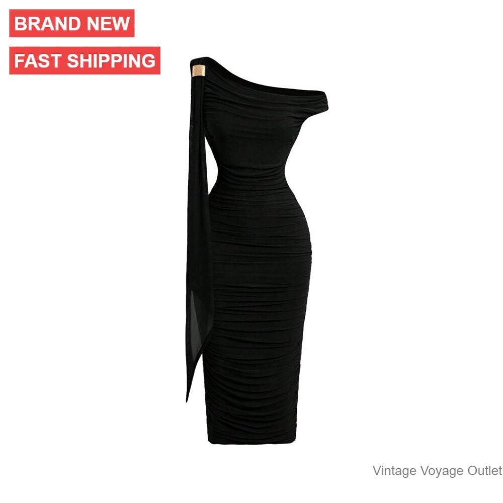Off Shoulder Midi Dress Ruched Bodycon Party Sleeveless Slim Fit